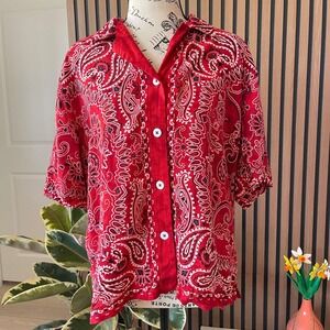 Francesca Rose Red Paisley Print Rayon Button Down Shirt‎ Top Large